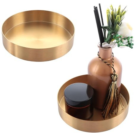 YAYODS 2 Stück 14 cm Tablett Serviertablett Rund Gold - Deko Tablett Dekoteller Gold Hoch 3cm - Dekotablett Edelstahl Klein für Schmuck, Tischdekoration, Kosmetik, Kerzen