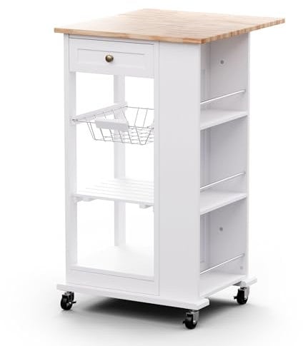 Blumfeldt Chariot de Cuisine – Desserte à Roulettes avec Plan de Travail Extensible, Tiroir & Étagères, Chariot Mobile avec Roulettes, Design Intemporel, 50x37x86,5 cm