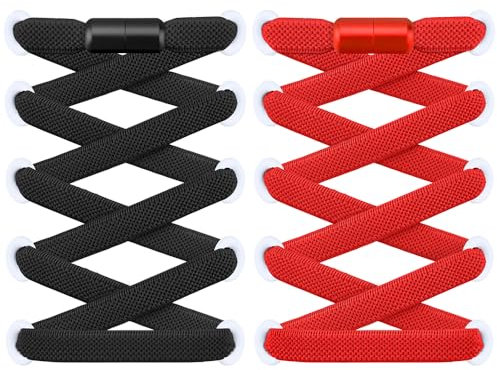 RJ-Sport 2 Paar flache Schnürsenkel ohne Binden - Elastische Schnürsenkel mit Schnellverschluss - Schnellschnürsystem für Einzigartigen Komfort und Starken Halt - mit Metallkapseln (Schwarz+Rot)