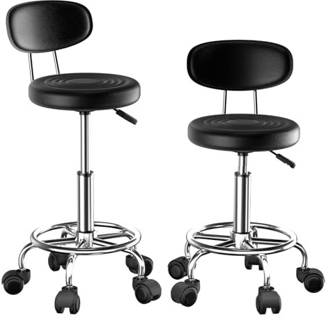 HAMHAIGO Juego de 2 Taburetes con Ruedas Taburete Acolchado y Respaldo Altura Ajustable 47-62cm Taburete de Esteticista Silla Maquillaje Taburete de Oficina para Peluquería y Oficina Negro