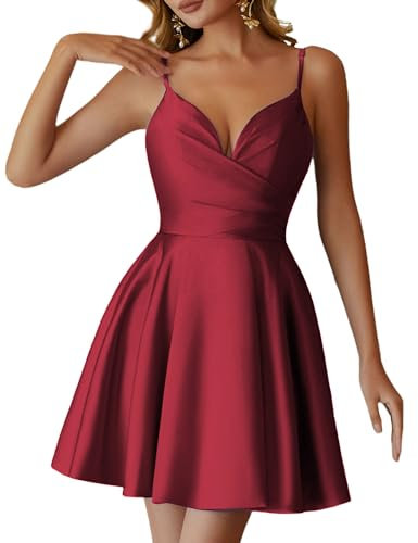 Lecureler Satin Spaghetti Strap Short Prom Dress Burgundy Size 8
