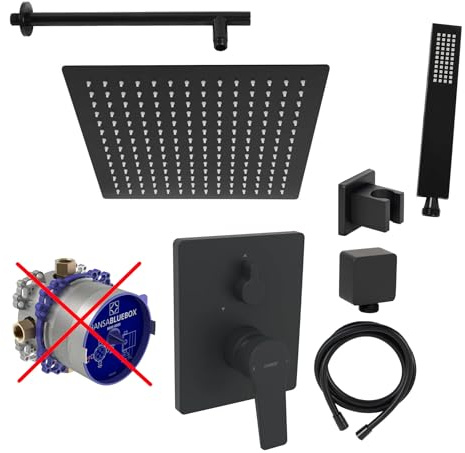 vanvilla Duschsystem Unterputz mit Duscharmatur Hansa schwarz AS102-ob | Duscharmatur von Hansa Twist Einhebelmischer und vanvilla Regendusche Duschkopf eckig, Dusch-Set schwarz matt