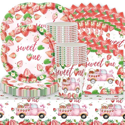 Juego de 61 Vajilla para Fiesta de Cumpleaños, Fresa, Decoración de Fiesta de Verano, Vajilla de Fresa, Vajilla para 20 Invitados