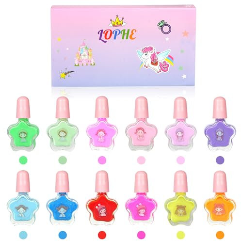 LOPHE Nail Polish Set for Kids, 12Pcs Rainbow Colors Kids Nail Varnish Set, Non-Toxic Peel-Off Children Nail Polish Kit, Quick Dry Water-Based Nail Paint, Gifts for Girls Christmas Birthday