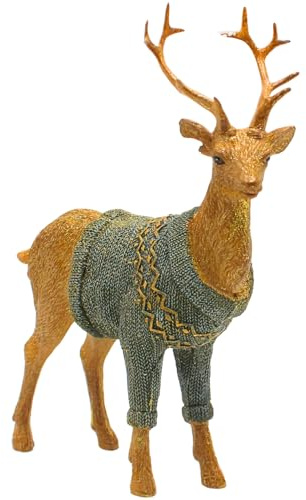 Dekohelden24 Hirschdeko, Deko-Rentier, Deko-Hirsch, Hirsch mit Geweih und grünem Pullover aus Keramik in Gold, Größe L/B/H ca. 16 x 6 x 26 cm.