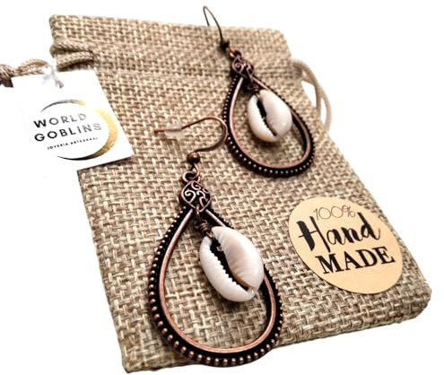 WORLD GOBLINS Pendientes Hippies Mujer Largos. Llamativos, Pendientes de Bronce y Concha Natural, Boho Vintage. Hechos a Mano, Aretes Originales Hechos en España (Bonce Concha Natural)