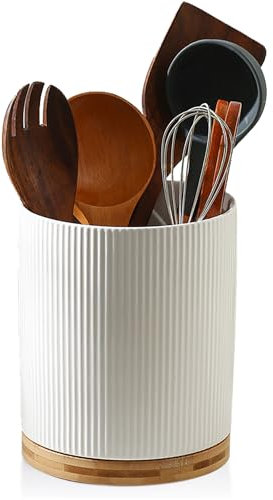AmiCera Utensil Holder, 360° Rotating Ceramic Kitchen Utensils Holder Canisters for Countertop, 6in Kitchen Storage Jar for Restaurant Decor, with Detachable Base, for Storing Tableware