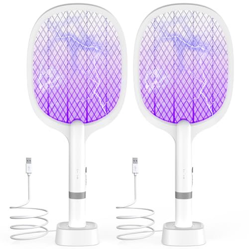 TEINNGO Elektrische Fliegenklatsche 5000V, Extra Stark Elektrische Fliegenfänger mit USB C Ladebasis, 2 in 1 Elektrisch Fliegenfänger Insektenvernichter für Mücken, Fliegen, Bienen, Motten (2PS)