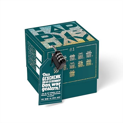 SURPRISA Geschenkbox Rätselbox Happy Bday – Petrol mit Glitzerfolie – kreative Verpackung für Geburtstagsgeschenke & Gutscheine (Größe 12 cm)