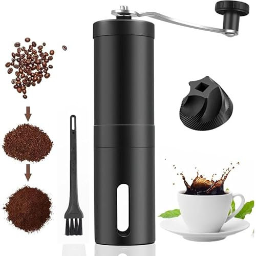 P&P Manual Coffee Grinder with Brush, Burr Coffee Grinder, Stainless Steel with Adjustable Ceramic Conical Burr, Espresso, Hand Crank Mill, Compact Size Perfect for Home, Office or Travelling (Black)