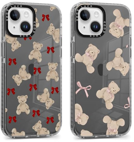 Foonary 2 Pack Transparent Cartoon Bear Print Phone Case for iPhone 15 6.1,Soft Silicone Design Aesthetics Clear Pattern Cases,Shockproof Bumper Protector Cover,Girls Women for iPhone 15