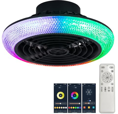 Luyaim Pequeño Ventiladores Para El Techo Con Lámpara - Altavoz Bluetooth Alexa, 6 Velocidades LED RGB, Plafon Led Ventilador Para Habitaciones Infantiles/Juveniles-Black-A