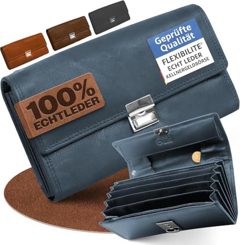 FLEXIBILITE Kellner Geldbörse Kellnerportemonnaie Echt Leder Zertifiziert [2026] RFID | Kellnerbörse Kellnergeldbeutel aus Leder | Bedienungsgeldbeutel Taxi Portemonnaie Blau