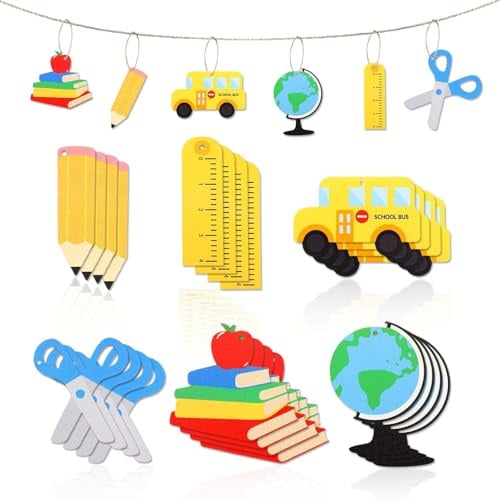 Schulanfang Girlande 24 Stück Back to School Holzornament Einschulung Banner Schulkind Girlande für Schulanfang Klassenzimmer, Einschulungsfeier Deko
