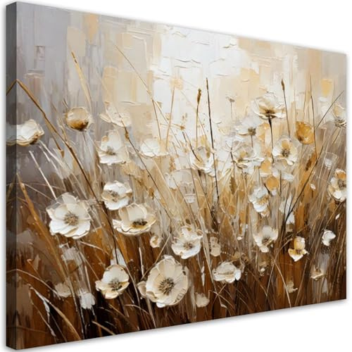 Feeby Leinwand Bilder - Bild Wohnzimmer - Feld beige Blumen Abstrakt - 120x80 1tlg - Deko Schlafzimmer Groß - Dekoration Canvas - Gemälde - Modern Wandbilder - Kunstdruck