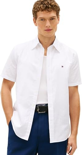Tommy Hilfiger Herren Hemd Linen Blend Solid Kurzarm, Weiß (White), XL