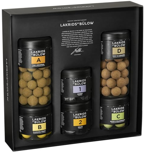 LAKRIDS BY BÜLOW - Geschenkbox 6er Set - A (The Original) + B (Passion Fruit) + C (Sour Strawberry) + D (Salt & Caramel) + 1 (Sweet) + 2 (Salty)
