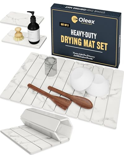 Oleex 3-Pack Stone Dish Drying Mat Set Includes 1 Large 24”x16” & 2 Small 4”x9” for Kitchen Counter-Collapsible Diatomaceous Earth Pad Absorbs Water & Dries Dishes Fast, Non-slip, Odor-Resistant Mats