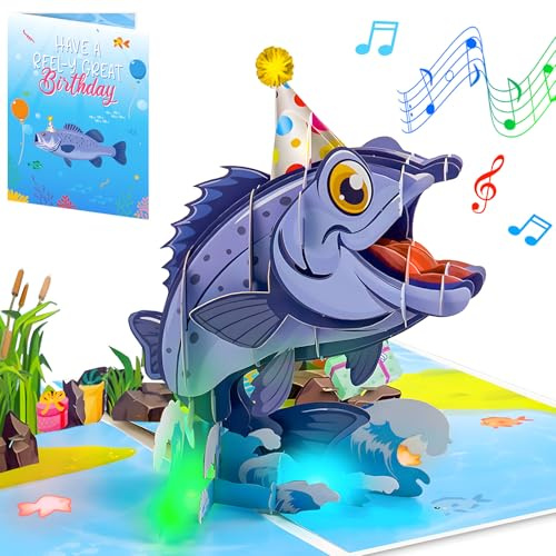 mountova Musical Pop Up Birthday Cards for Men Women Kids, Funny Light up Jumping Fish Singing Happy Birthday Song Greeting Card with Lights, Birthday Cards for Dad Husband Son Fisherman Friends