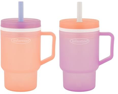 Infantino My 1st Tumbler, Durable Plastic Sippy Cup with Straw & Handle, Spill-Resistant, for On-The-Go, BPA-Free Transition Cup, Seashell & Lavender, 2-Pack
