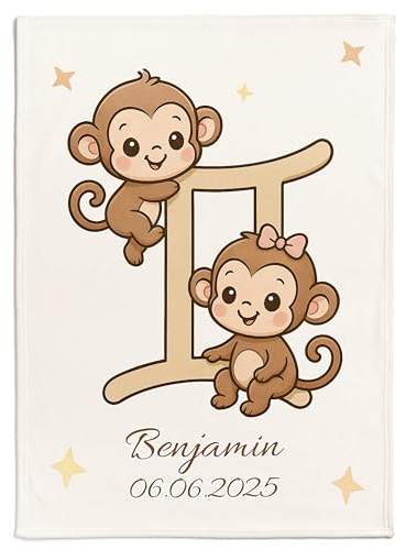 Pictogogo Personalisierte Babydecke mit Namen und Datum - Kuschelige Meilensteindecke aus Minky-Fleece, Ideal als Geburtsgeschenk (Sternzeichen Zwillinge)