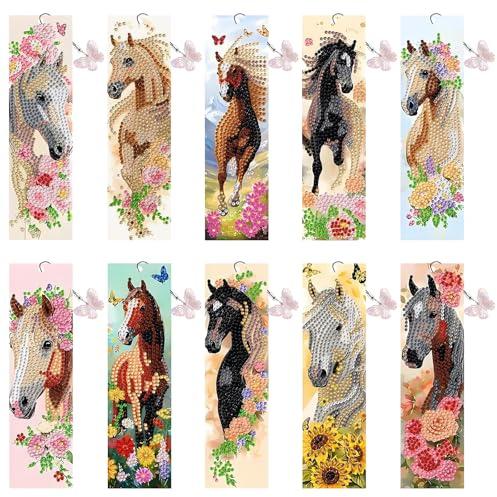 10 Stück Diamond Painting Lesezeichen Kinder, Pferde Mädchen Geschenk DIY Spielzeug Lesezeichen Enthält Diamond Painting Kinder Zubehör Geschenk für Das Kleine Mädchen