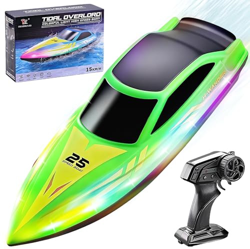 OBEST Barco Teledirigido con Luz LED para Niños, 2,4 GHz Barco de Carreras | Barco RC de alta Velocidad para Lagos/Piscinas/Estanques, Juguete Acuático de Regalo para Niños y Niñas, Autoadrizable