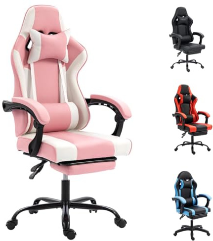 ShuoBo Wong Gaming Chair, Office Chair, Pocket Spring Cushion, Massage Lumbar Pillow, Footrest, Ergonomic Wide Padded Swivel Chair Breathable Mesh with footrest For Girls Boys(Pink+White)