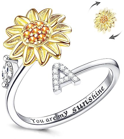 LucBuy Zappelringe für Damen, Silberner Buchstaben Sonnenblumen Spinner Fingerring, Verstellbare Größe Stapelbar Stressabbau Anti-Angst Ring, Innenseite mit ‘You Are My Sunshine’ Graviert Schmuck (A)