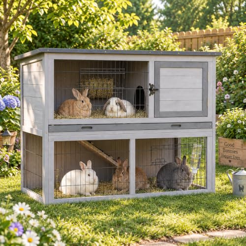 Aoshaweyz Kaninchenstall mit Freilaufgehege 108X45X78cm-Hasenstall 2 Etagen mit Bitumeneindeckung und Kotwanne -Indoor&Outdoor grau