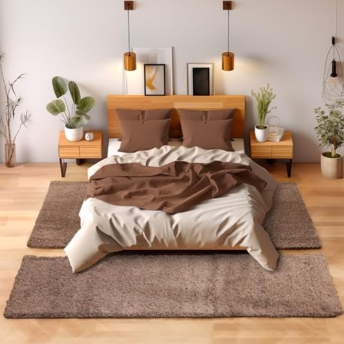 Unbekannt Shaggy Hochflor Teppich Carpet 3TLG Bettumrandung Läufer Set Schlafzimmer Flur, Farbe:Mocca, Bettset:2x80x150+1x100x200