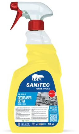 Sanitec Degreaser Ultra Universal-Entfetter mit hoher Konzentration, sehr kraftvoll gegen Schmutz, hinterlässt einen angenehmen Zitronenduft, hergestellt in Italien, Flasche 750 ml