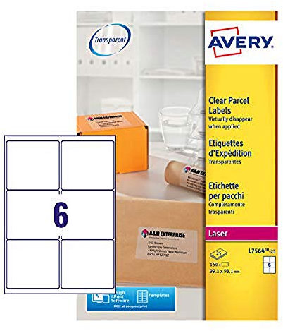 Avery Selbstklebende transparente Paket-Etiketten, Laserdrucker, 6 Etiketten pro Blatt, 150 Etiketten, QuickPEEL – transparent (L7564), 99,1 x 93,1 mm