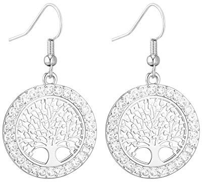 Albero della vita Orecchini in cristallo per donna, elegante tondo in oro rosa, argento, anallergico, orecchini pendenti per donna, regalo di compleanno (placcato argento)