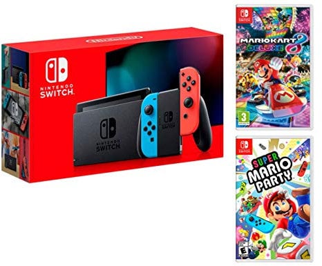 Nintendo Switch Rouge/Bleu Néon 32Go [Nouveau modèle V2] Super Mario Party + Mario Kart 8 Deluxe