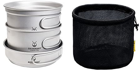 SILVERANT Titanium Ultralight 3-Pot & Pan Camping Cookware Kit de medición Set con Marcas de gradación y Bolsa de cordón de Malla