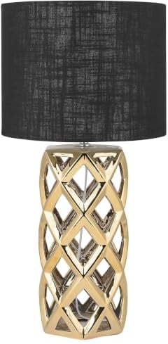 Beliani Tischlampe Keramik geometrisch gold mit Stoffschirm Trommelform schwarz Sejla