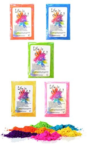 h2i Holi Pulver | 5 Farben x 70 g | 350 g buntes Farbpulver | Holi Color Powder - 5 Farbbeutel mit leuchtenden Farben zum Werfen | für Festivals Fotoshooting Baby-Shower Party-Foto Fun & Action