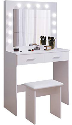 Jooli H White Dressing Table Set with Hollywood LED Lights Mirror, Vanity Makeup Table 2 Large Drawers and Stool