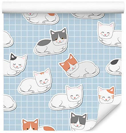 Muralo Tapete 10m Rolle Vlies Tapete Tiere Natur Katzen Dreiecke Kariert Linien Vliestapete 1000 x 53cm Wand Tapete Wohnzimmer Kinderzimmer Moderne Wanddeko Wand Dekoration