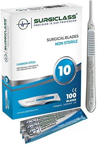 Scalpel Blades # 10 Carbon Steel Non Sterile Scalpel Surgical Blades Box of 100 and Steel Handle for Wood Art, Surgical, Sculpting, Repairs, Lab Anatomy, Sign, Card Making Lab Training SURGIBL10-100