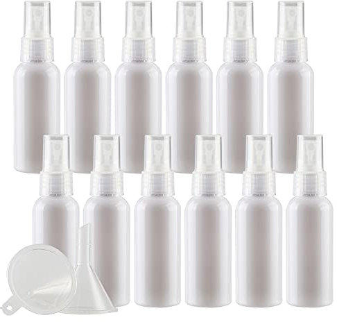 ZEOABSY 12 Piezas 50ml Botella de Spray Vacía Plástico Blanco Atomizador de Viaje Conjunto de Botellas, con Pulverizador de Niebla Fina Transparente para Aromaterapiacon 2 Embudos