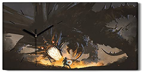 Coloray Uhr auf Leinwand - Schwarze Hände - Wohnzimmer Dekoration Segeltuch Ohne Tickendes Geräusc Kunst Wand Uhr - Malerei Fancy Dragon Monster