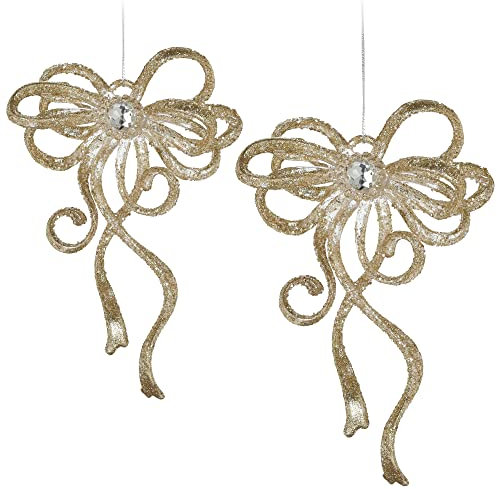 COM-FOUR® 2X Adornos para árboles de Navidad en Forma de Lazo - Adornos navideños en Colores Festivos - Colgantes Brillantes para Navidad (Lazo Dorado)