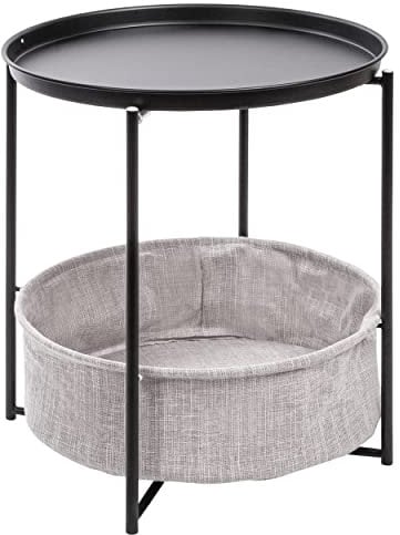 ONVAYA® Beistelltisch Linda rund | Schwarz | Couchtisch mit Korb & Tablett | aus Metall | für Wohnzimmer, Schlafzimmer, Garten | Nachttisch | Sofatisch mit Stauraum