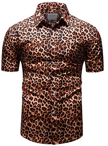 fohemr Mens Leopard Printed Shirt Short Sleeve Casual Button Down Retro Cheetah Print Shirt Orange Large