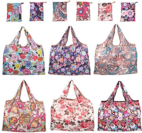 BEEFLYING Faltbare Einkaufstasche 6 Stück, Umweltfreundliche Einkaufstaschen, Wiederverwendbare Einkaufstüten, Mini Maxi Shopper für Obst Gemüse Lagerung 58cm x 68cm (Multicolor)