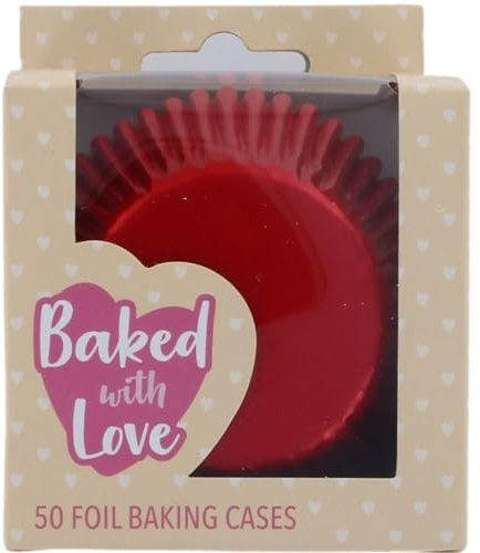 Baked with Love Red Foil Baking Cases, Foil Baking Cups, Greaseproof Cupcake Cases, Red - Pack of 50