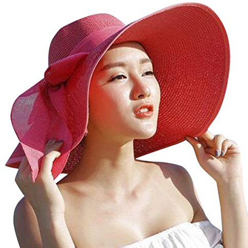 Momolaa Sun Straw Women Brim Cap Hat Floppy Wide Hats Beach Folding Brim Bowknot Big Baseball Caps Youth Adjustable Baseball Hat Watermelon Red