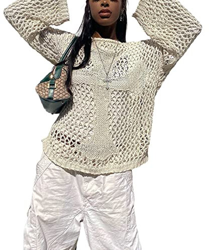 Women's Y2k Crochet Fishnet Long Sleeve Top Vintage Hollow Out Knit See Through Tee Shirt Summer Beach Cover Up (E-Cream White, XL)